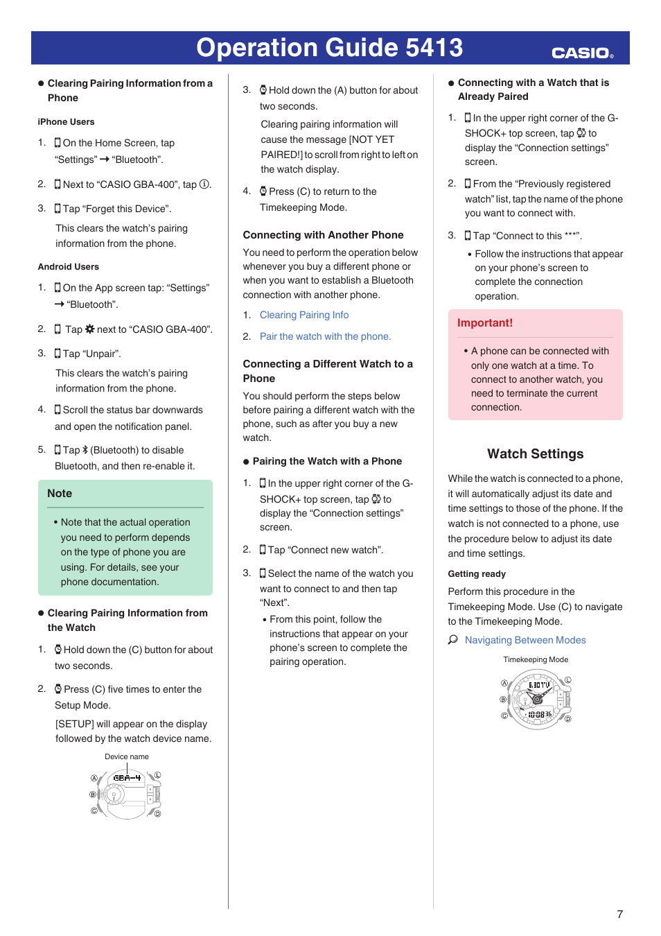 Connecting with another phone, Connecting a different watch to a phone, Watch settings | Operation guide 5413 | G-Shock GBA-400-1A User Manual | Page 7 / 18