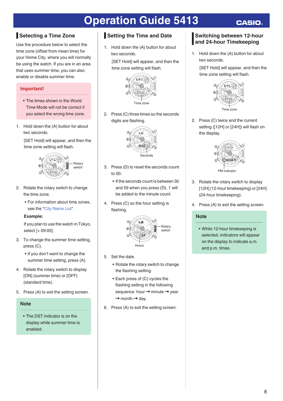 Selecting a time zone, Setting the time and date, Switching between 12-hour and 24-hour timekeeping | Operation guide 5413 | G-Shock GBA-400-1A User Manual | Page 8 / 18