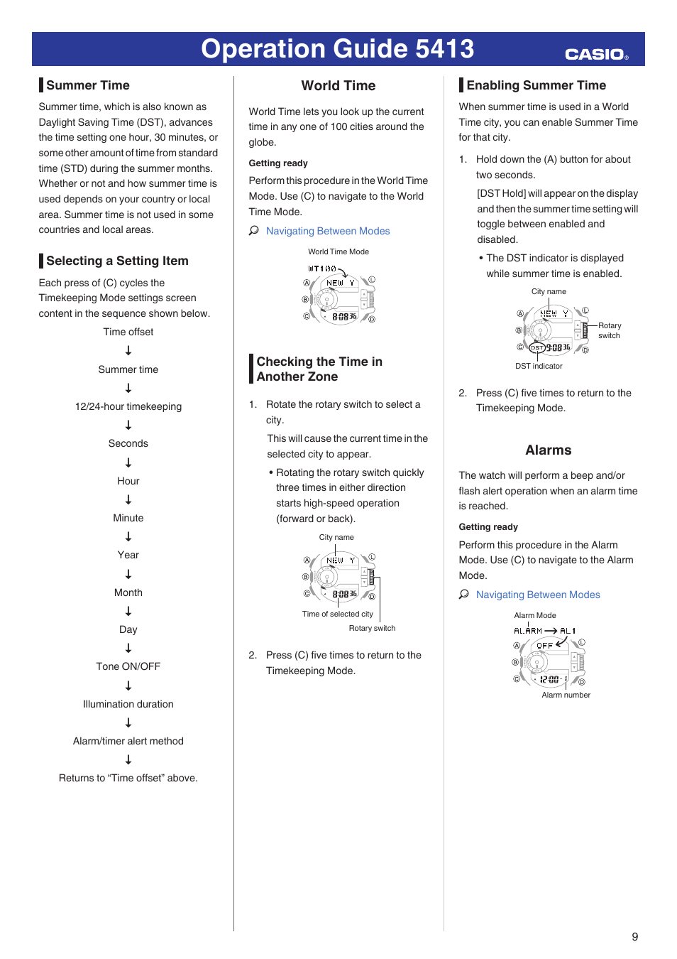 Summer time, Selecting a setting item, World time | Checking the time in another zone, Enabling summer time, Alarms, Operation guide 5413 | G-Shock GBA-400-1A User Manual | Page 9 / 18