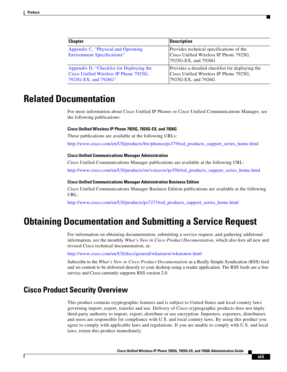Related documentation, Cisco product security overview | Cisco 7926G User Manual | Page 3 / 4
