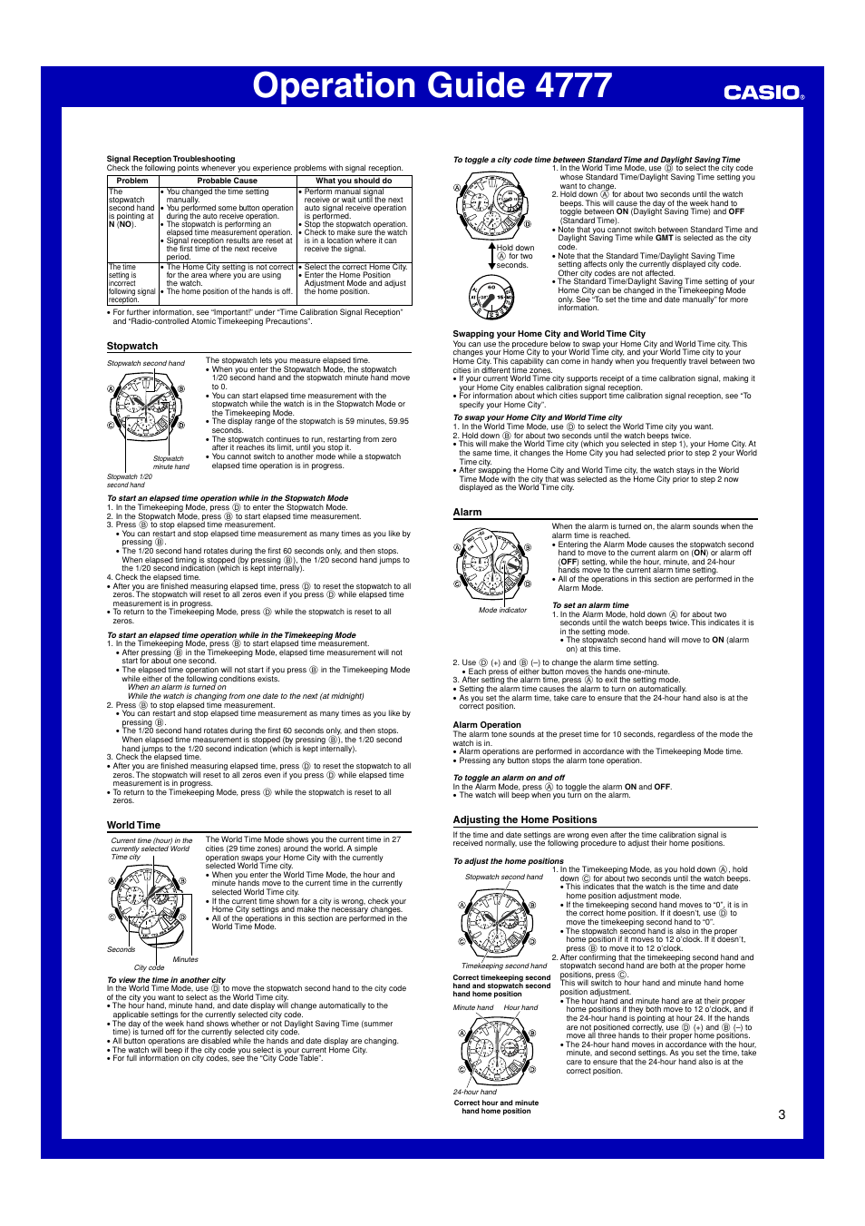 Stopwatch, World time, Alarm | Adjusting the home positions, Operation guide 4777 | G-Shock GS-1100-1A User Manual | Page 3 / 5