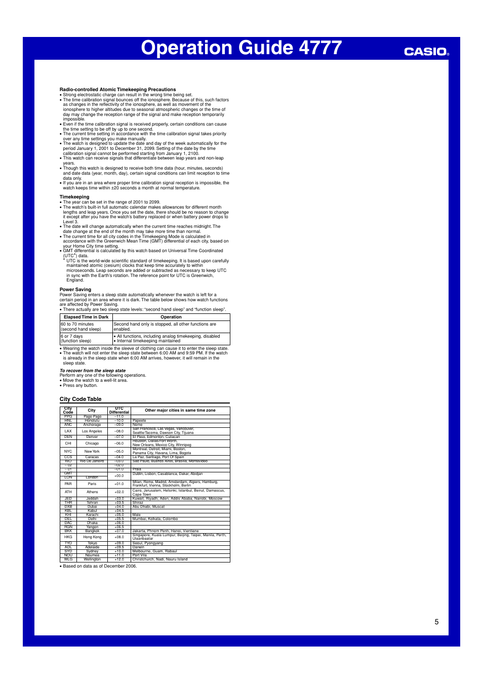 City code table, Operation guide 4777 | G-Shock GS-1100-1A User Manual | Page 5 / 5