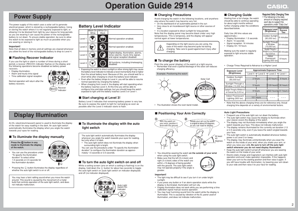 Power supply, Display illumination, Operation guide 2914 | Power supply display illumination, Battery level indicator, Flashing recover indicator, Charging precautions, Positioning your arm correctly, Start charging at level 3, Charging guide | G-Shock GW-002BJ-1 User Manual | Page 2 / 8