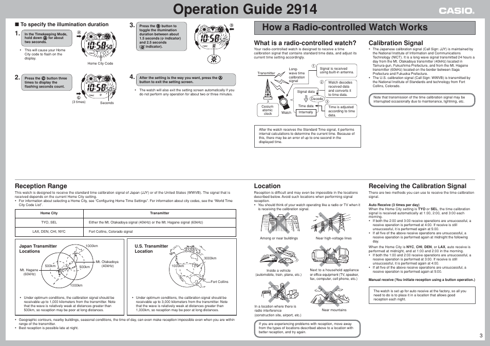 How a radio-controlled watch works, Operation guide 2914, What is a radio-controlled watch | Reception range, Location, Calibration signal, Receiving the calibration signal | G-Shock GW-002BJ-1 User Manual | Page 3 / 8