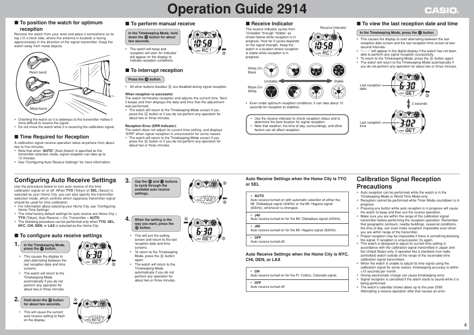 Operation guide 2914, Configuring auto receive settings, Calibration signal reception precautions | 4❚ to position the watch for optimum reception, Time required for reception, Receive indicator | G-Shock GW-002BJ-1 User Manual | Page 4 / 8