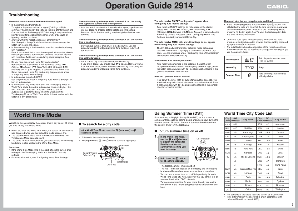 World time mode, Operation guide 2914, Troubleshooting | Using summer time (dst), World time city code list | G-Shock GW-002BJ-1 User Manual | Page 5 / 8