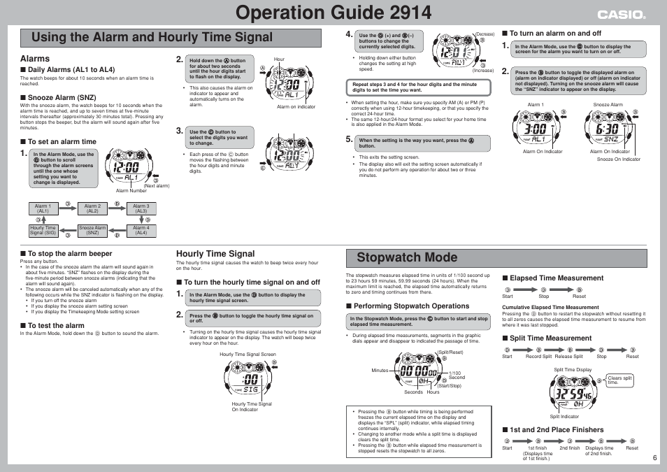 Using the alarm and hourly time signal, Stopwatch mode, Operation guide 2914 | Alarms, Hourly time signal | G-Shock GW-002BJ-1 User Manual | Page 6 / 8