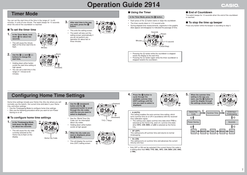 Timer mode, Configuring home time settings, Operation guide 2914 | G-Shock GW-002BJ-1 User Manual | Page 7 / 8