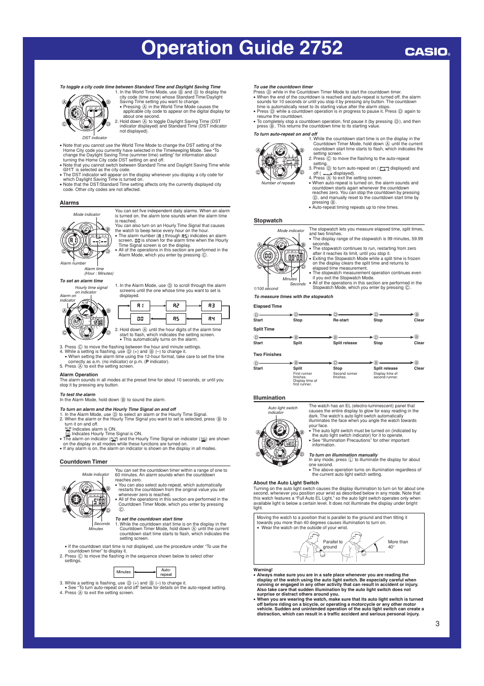 Alarms, Countdown timer, Stopwatch | Illumination, Operation guide 2752 | G-Shock GW-1000BDJ-8A User Manual | Page 3 / 6