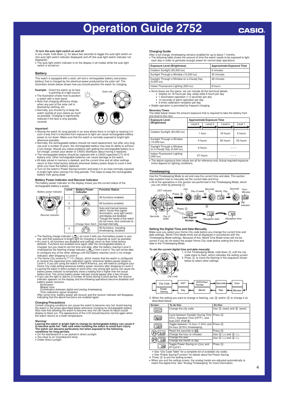 Battery, Timekeeping, Operation guide 2752 | G-Shock GW-1000BDJ-8A User Manual | Page 4 / 6