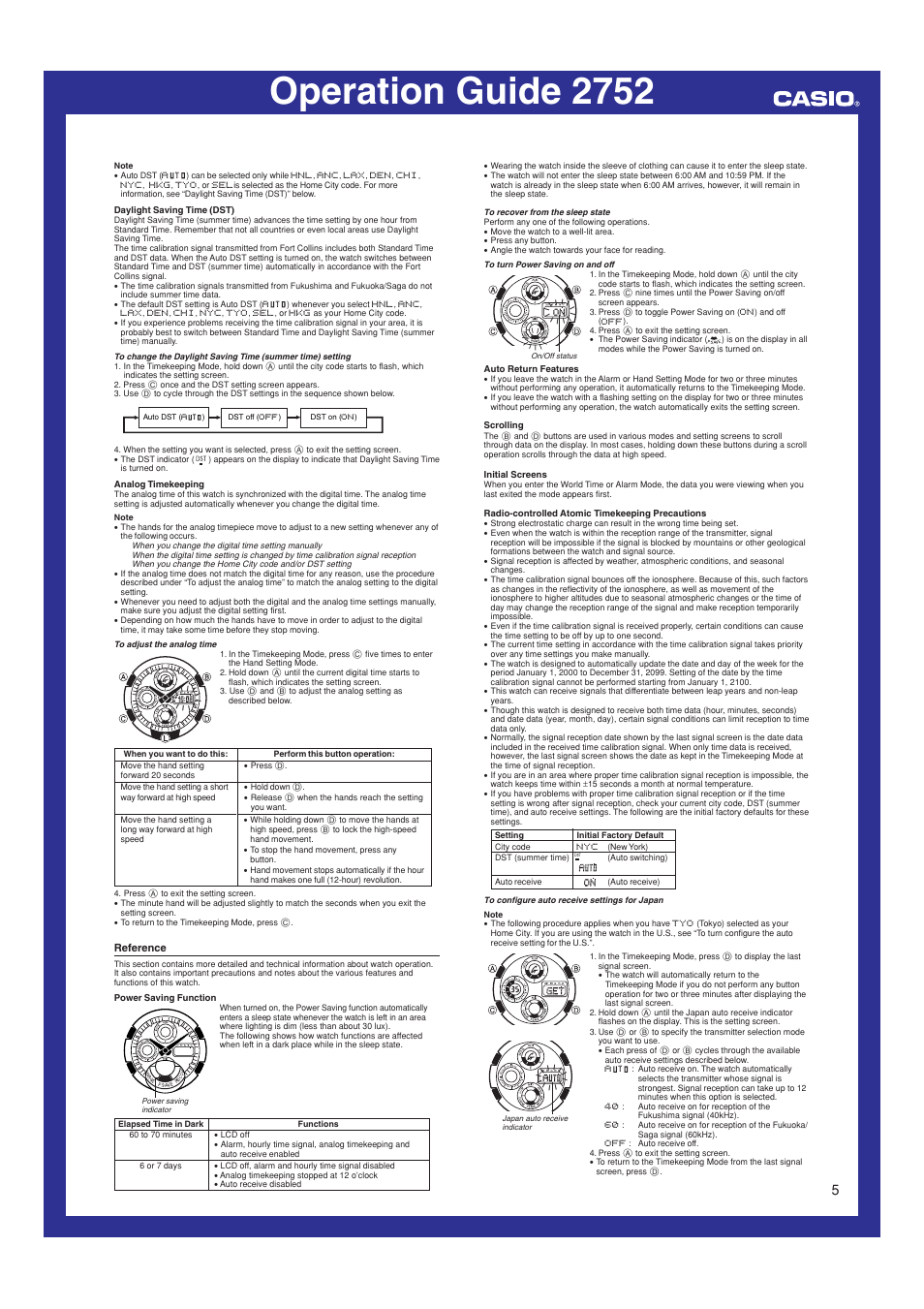 Reference, Operation guide 2752 | G-Shock GW-1000BDJ-8A User Manual | Page 5 / 6