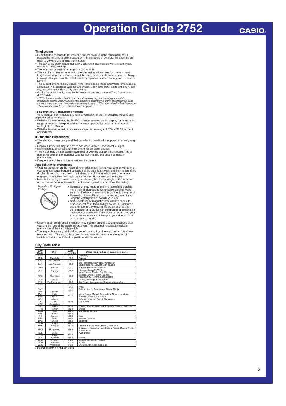 City code table, Operation guide 2752 | G-Shock GW-1000BDJ-8A User Manual | Page 6 / 6