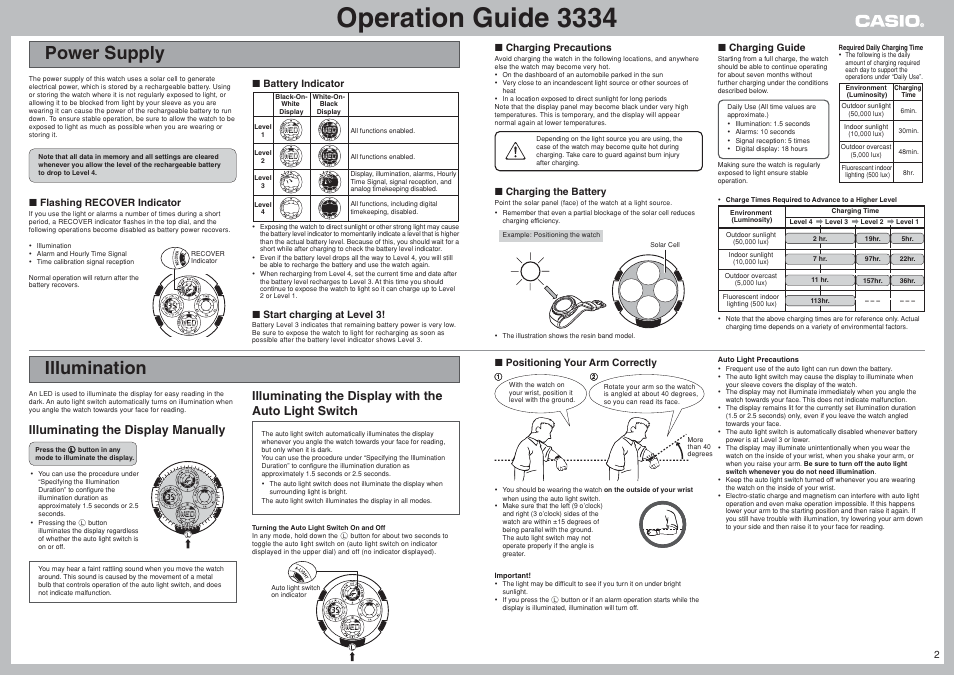 Power supply, Illumination, Operation guide 3334 | Illuminating the display manually | G-Shock 3334 User Manual | Page 2 / 8