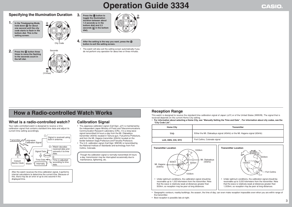 How a radio-controlled watch works, Operation guide 3334, Specifying the illumination duration 1 | Reception range, What is a radio-controlled watch, Calibration signal | G-Shock 3334 User Manual | Page 3 / 8