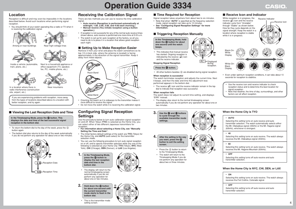 Operation guide 3334, Configuring signal reception settings, Receiving the calibration signal | Location | G-Shock 3334 User Manual | Page 4 / 8