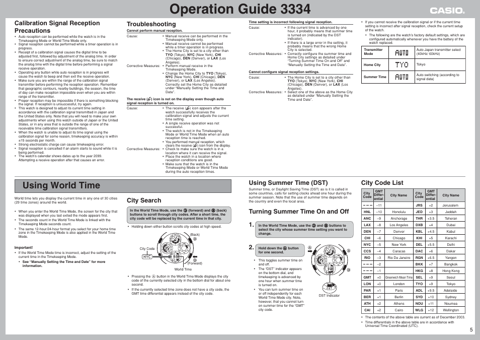 Using world time, Operation guide 3334, City search | Using summer time (dst), Turning summer time on and off 1, City code list, Troubleshooting, Calibration signal reception precautions | G-Shock 3334 User Manual | Page 5 / 8