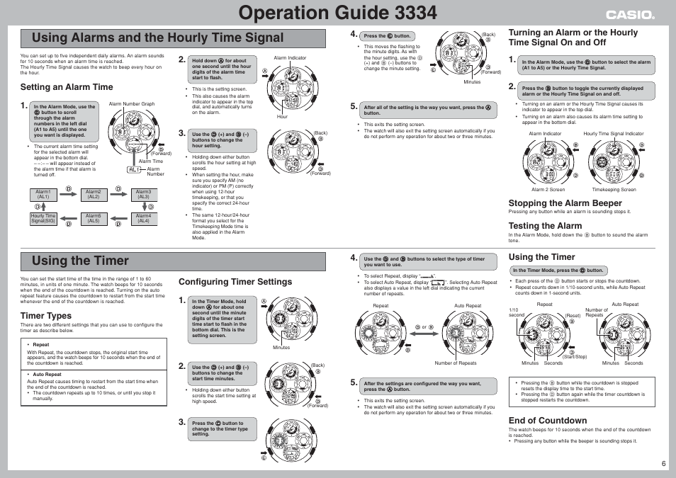 Using alarms and the hourly time signal, Using the timer, Operation guide 3334 | Stopping the alarm beeper, Testing the alarm, Timer types, Configuring timer settings 1, End of countdown, Setting an alarm time 1 | G-Shock 3334 User Manual | Page 6 / 8