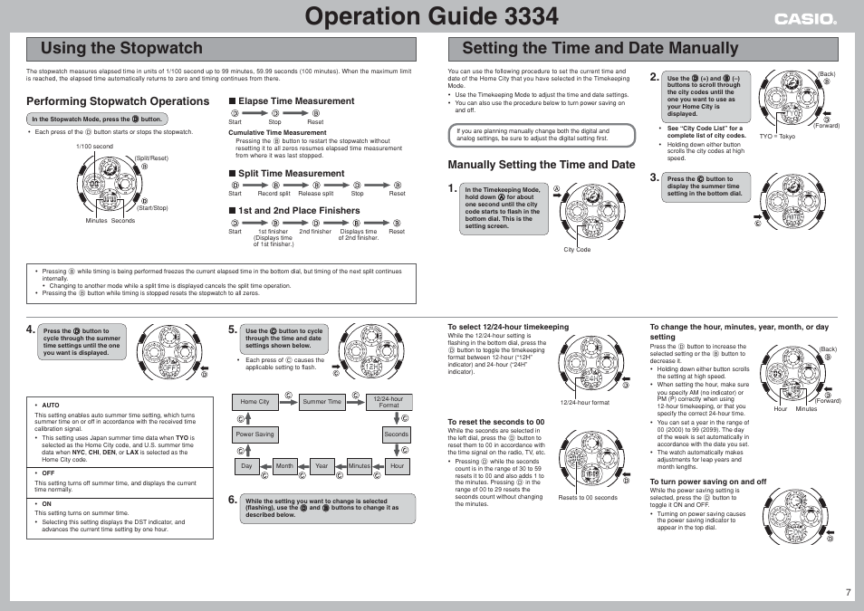 Using the stopwatch, Setting the time and date manually, Operation guide 3334 | Performing stopwatch operations, Manually setting the time and date 1 | G-Shock 3334 User Manual | Page 7 / 8