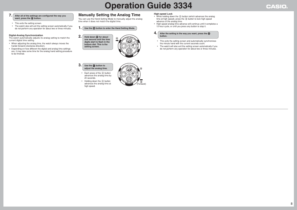 Operation guide 3334, Manually setting the analog time | G-Shock 3334 User Manual | Page 8 / 8