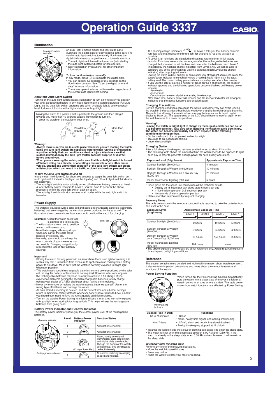 Illumination, Power supply, Reference | Operation guide 3337 | G-Shock GW-1201BD-1AV User Manual | Page 3 / 4