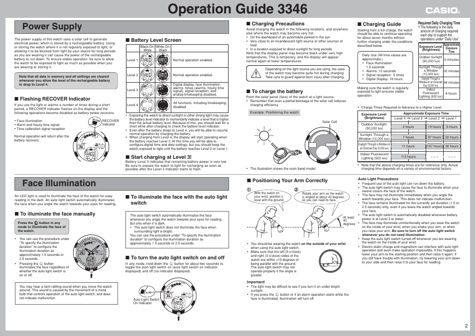 Power supply, Face illumination, Operation guide 3346 | G-Shock GW-1310RCJ-3AJR User Manual | Page 2 / 8