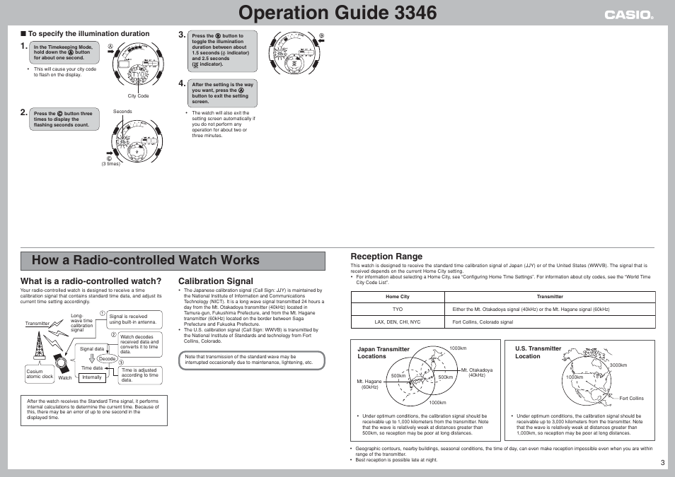 How a radio-controlled watch works, Operation guide 3346, What is a radio-controlled watch | Calibration signal, Reception range | G-Shock GW-1310RCJ-3AJR User Manual | Page 3 / 8