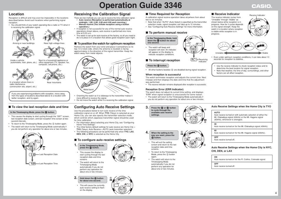 Operation guide 3346, Location, Receiving the calibration signal | Configuring auto receive settings | G-Shock GW-1310RCJ-3AJR User Manual | Page 4 / 8
