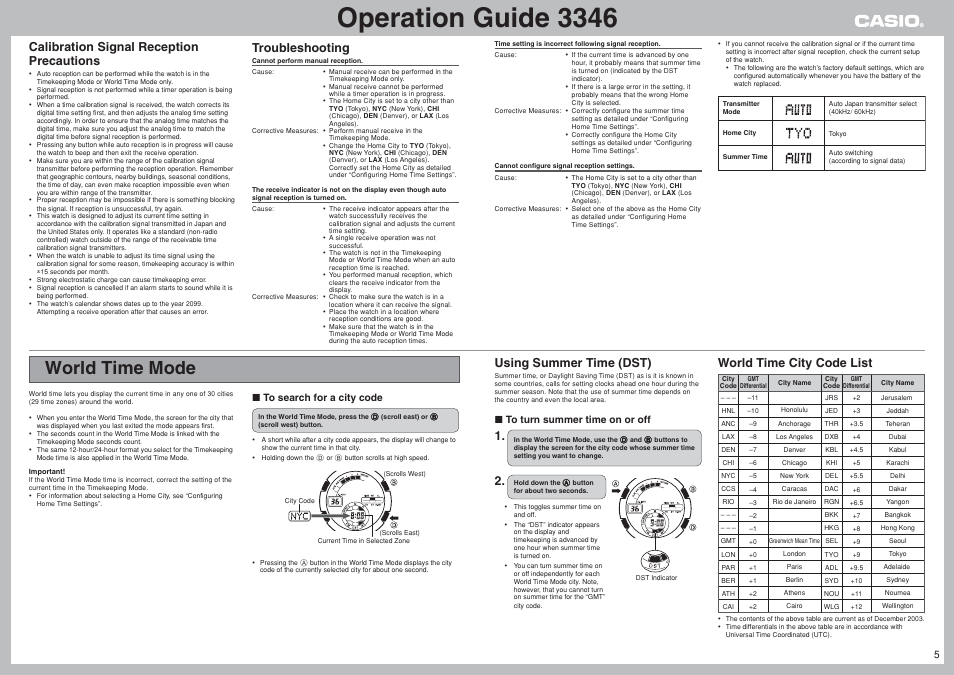 World time mode, Operation guide 3346, Troubleshooting | Calibration signal reception precautions, Using summer time (dst), World time city code list | G-Shock GW-1310RCJ-3AJR User Manual | Page 5 / 8