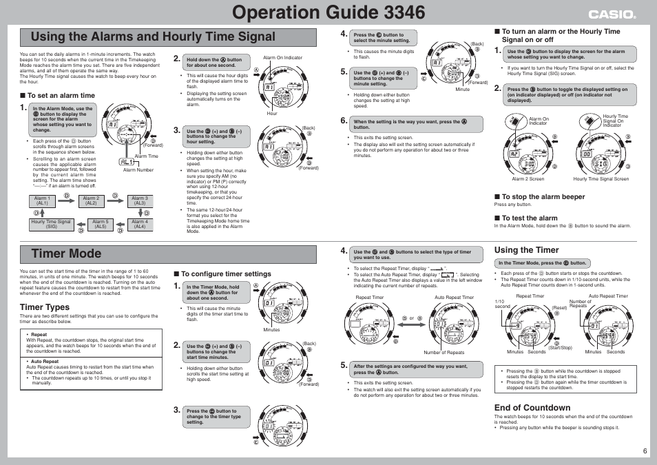 Using the alarms and hourly time signal, Timer mode, Operation guide 3346 | Timer types, Using the timer, End of countdown | G-Shock GW-1310RCJ-3AJR User Manual | Page 6 / 8