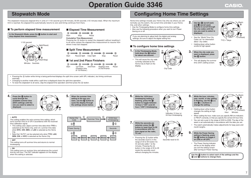 Stopwatch mode, Configuring home time settings, Operation guide 3346 | G-Shock GW-1310RCJ-3AJR User Manual | Page 7 / 8