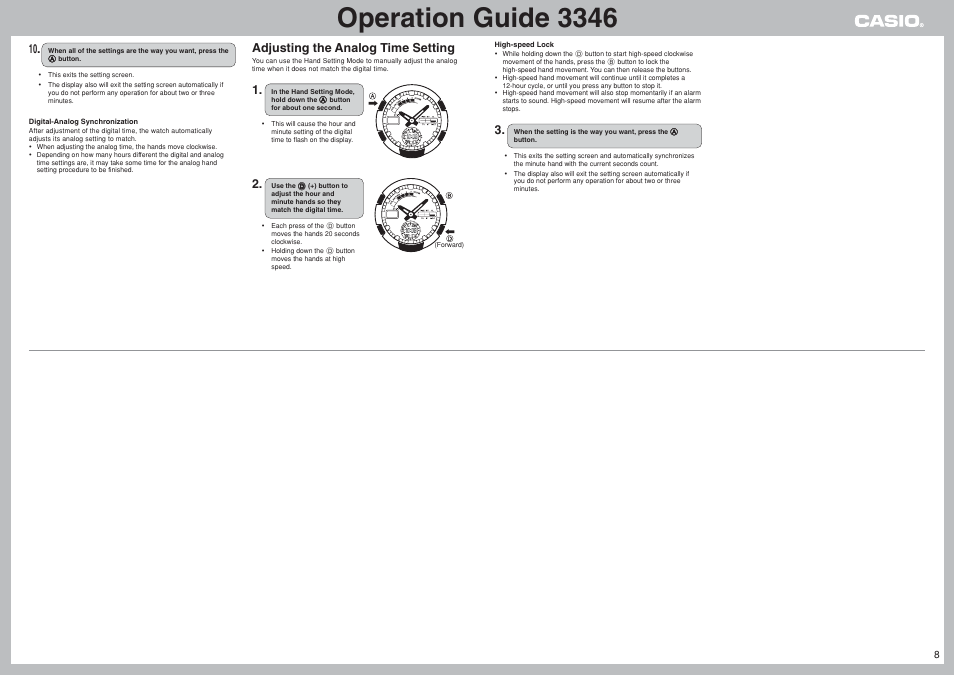 Operation guide 3346, Adjusting the analog time setting | G-Shock GW-1310RCJ-3AJR User Manual | Page 8 / 8