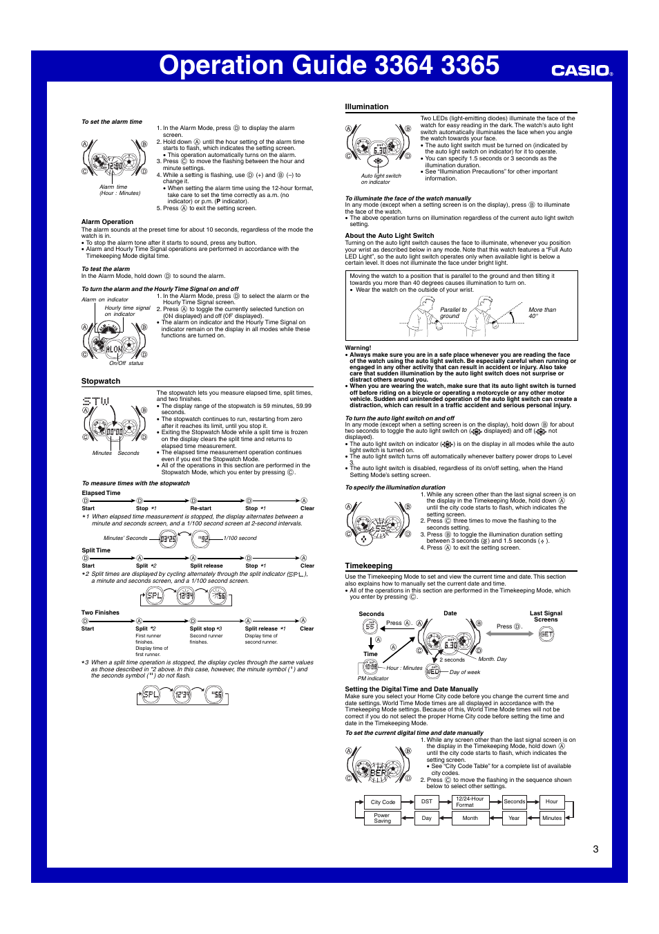 Stopwatch, Illumination, Timekeeping | G-Shock GW-1400DJ-1A User Manual | Page 3 / 6
