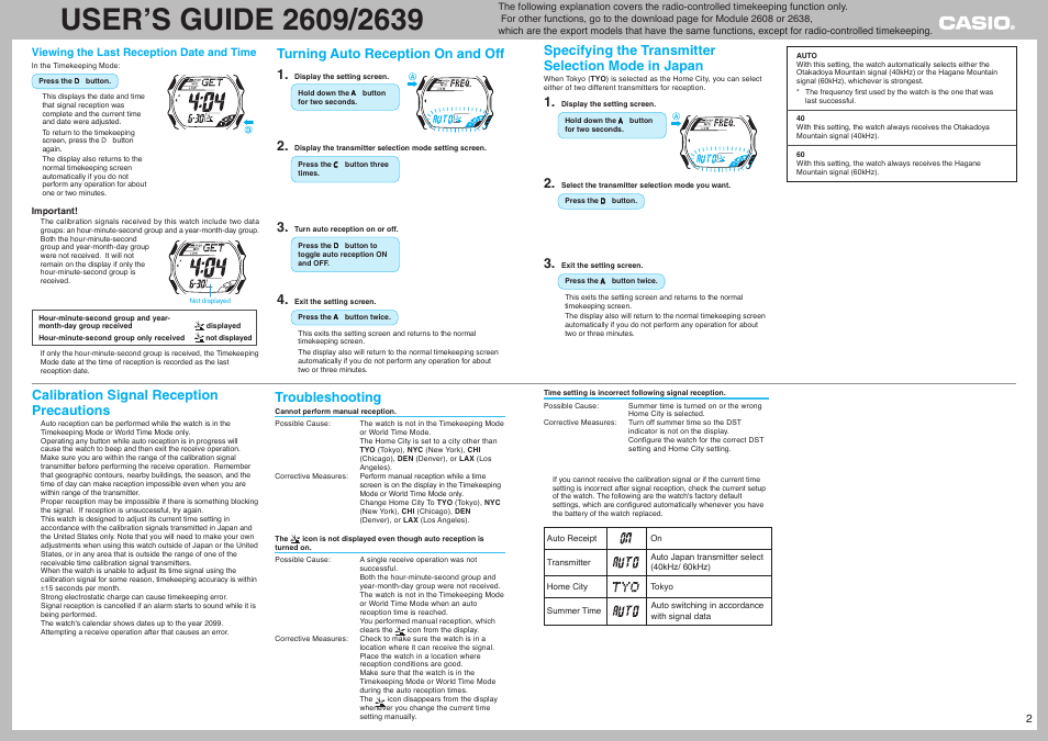 Turning auto reception on and off, Specifying the transmitter selection mode in japan, Calibration signal reception precautions | Troubleshooting, Turning auto reception on and off 1 | G-Shock GW-300BTJ-10JR User Manual | Page 2 / 2