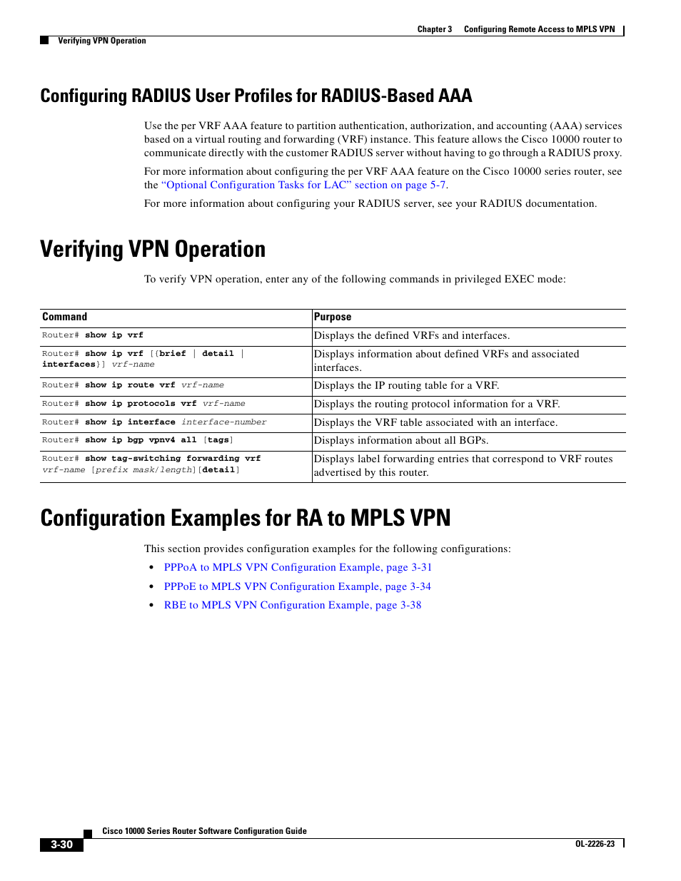 Verifying vpn operation, Configuration examples for ra to mpls vpn | Cisco 10000 User Manual | Page 112 / 556