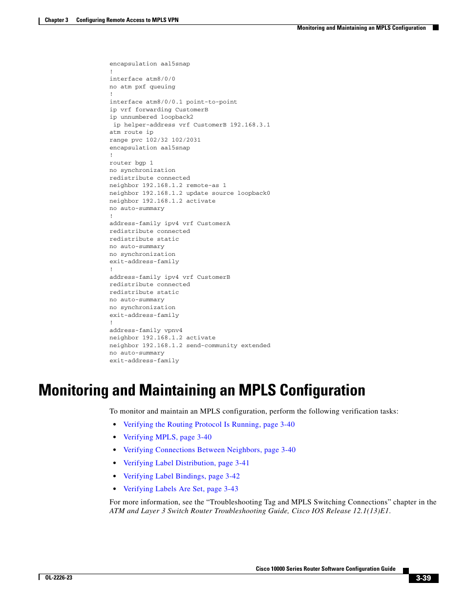 Monitoring and maintaining an mpls configuration | Cisco 10000 User Manual | Page 121 / 556