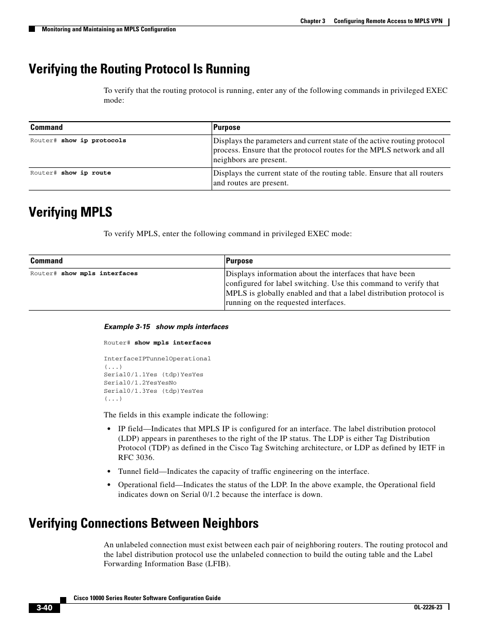 Verifying the routing protocol is running, Verifying mpls, Verifying connections between neighbors | Cisco 10000 User Manual | Page 122 / 556