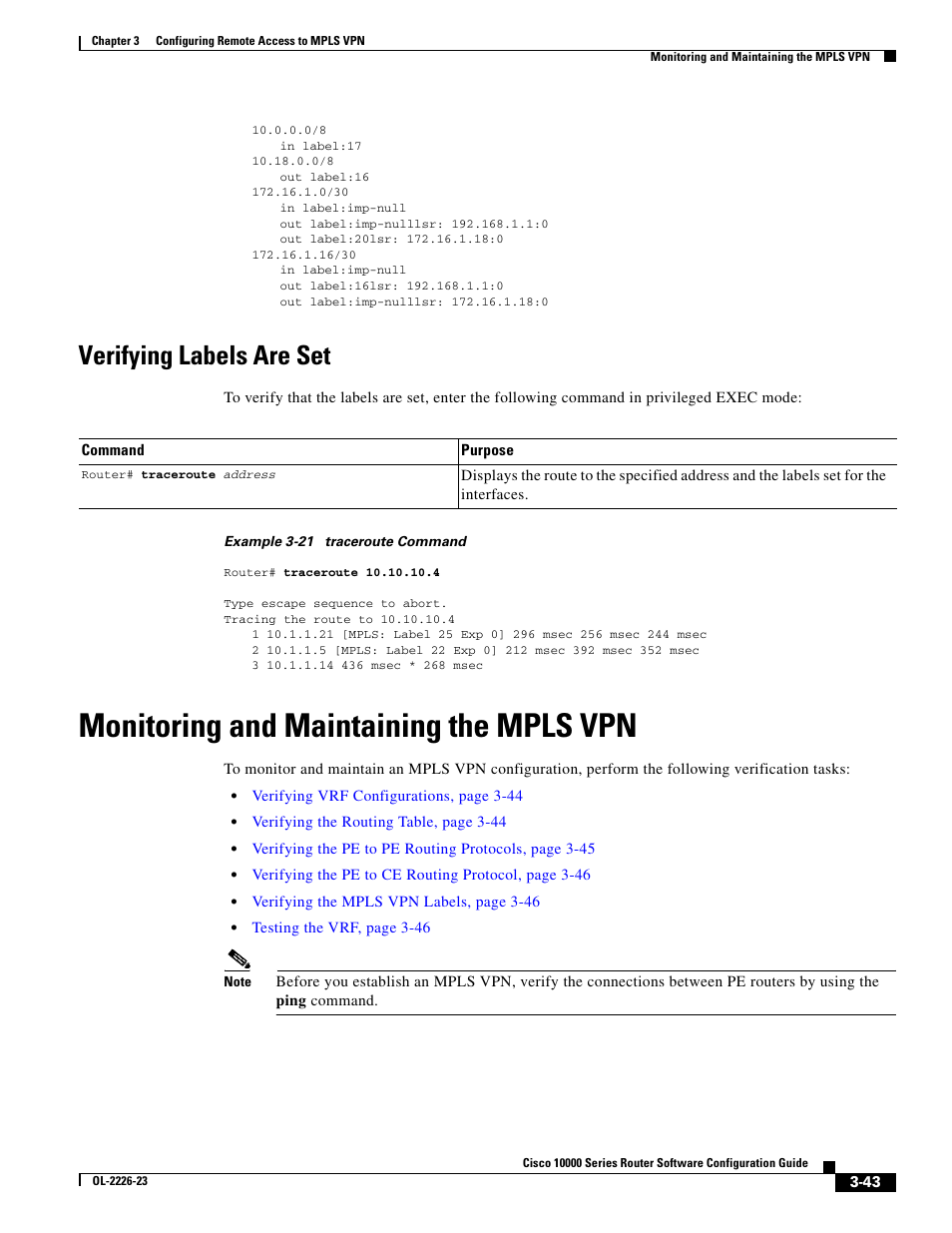 Verifying labels are set, Monitoring and maintaining the mpls vpn | Cisco 10000 User Manual | Page 125 / 556