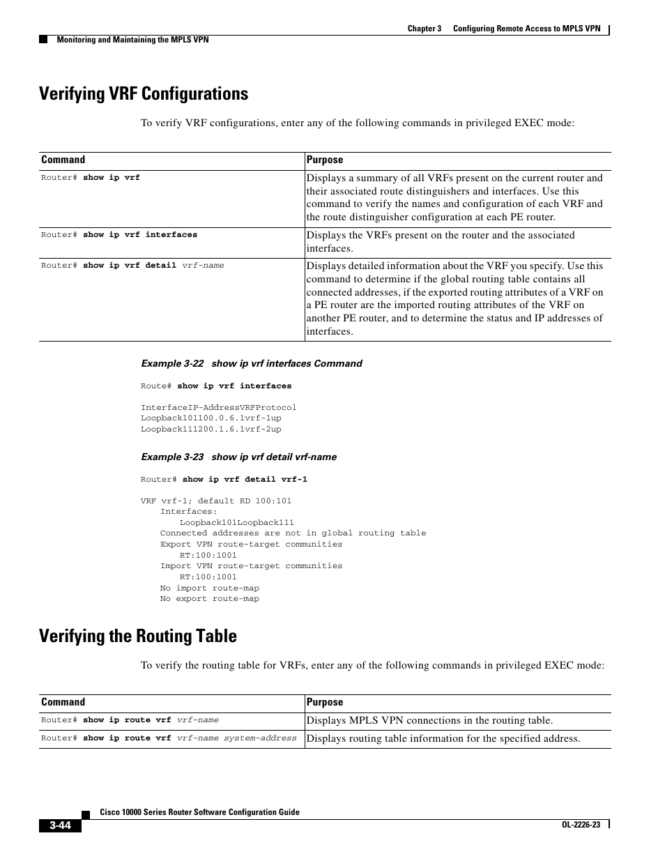 Verifying vrf configurations, Verifying the routing table | Cisco 10000 User Manual | Page 126 / 556