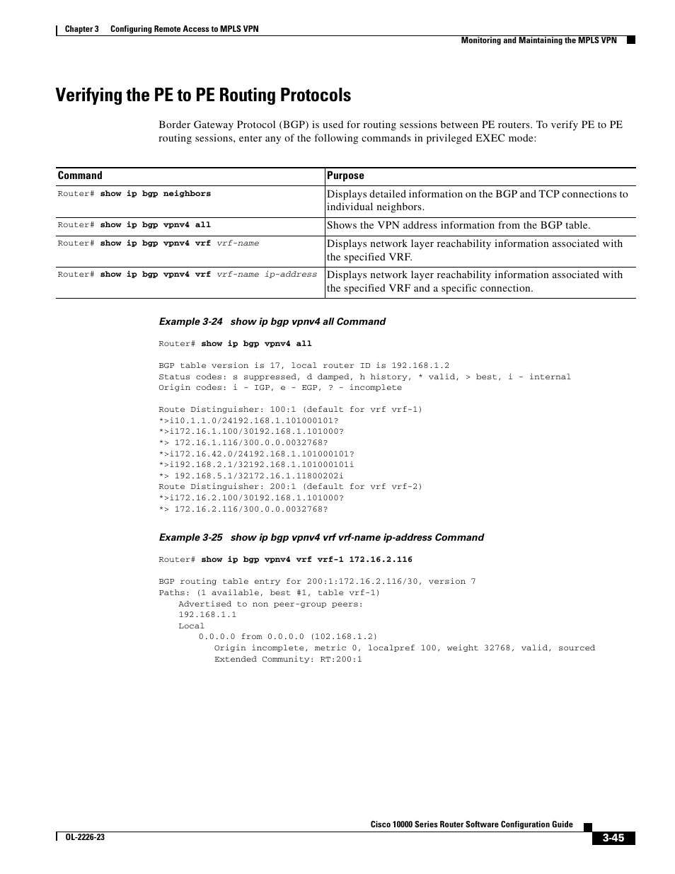 Verifying the pe to pe routing protocols | Cisco 10000 User Manual | Page 127 / 556