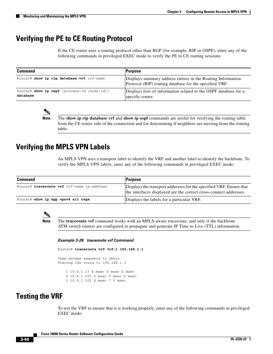 Verifying the pe to ce routing protocol, Verifying the mpls vpn labels, Testing the vrf | Cisco 10000 User Manual | Page 128 / 556