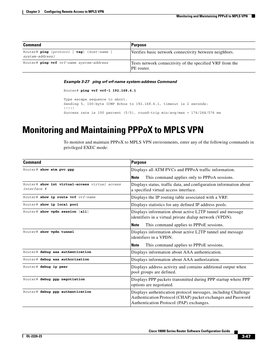 Monitoring and maintaining pppox to mpls vpn | Cisco 10000 User Manual | Page 129 / 556