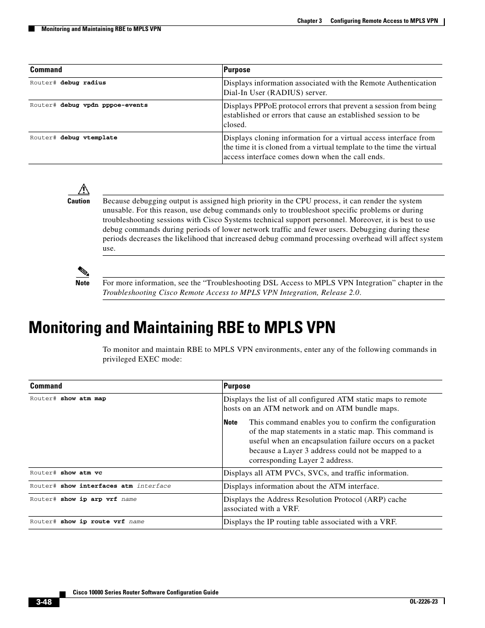 Monitoring and maintaining rbe to mpls vpn | Cisco 10000 User Manual | Page 130 / 556