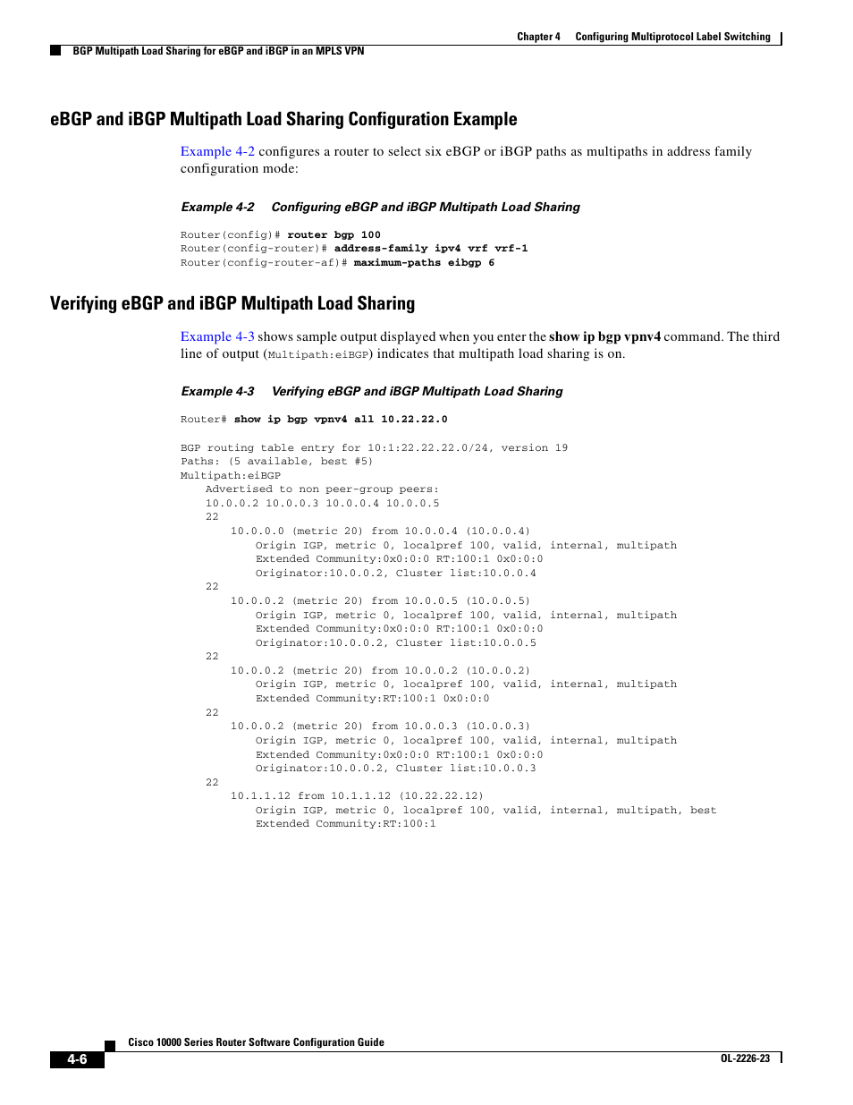 Verifying ebgp and ibgp multipath load sharing | Cisco 10000 User Manual | Page 138 / 556