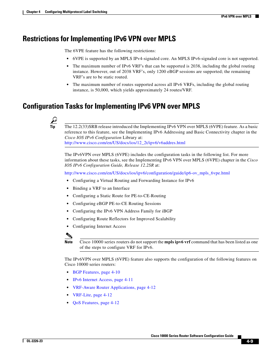 Restrictions for implementing ipv6 vpn over mpls | Cisco 10000 User Manual | Page 141 / 556