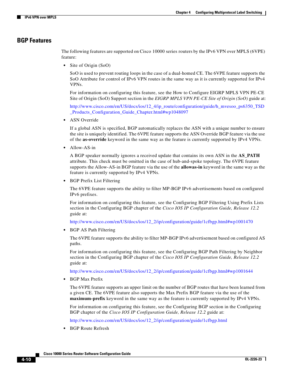 Bgp features | Cisco 10000 User Manual | Page 142 / 556