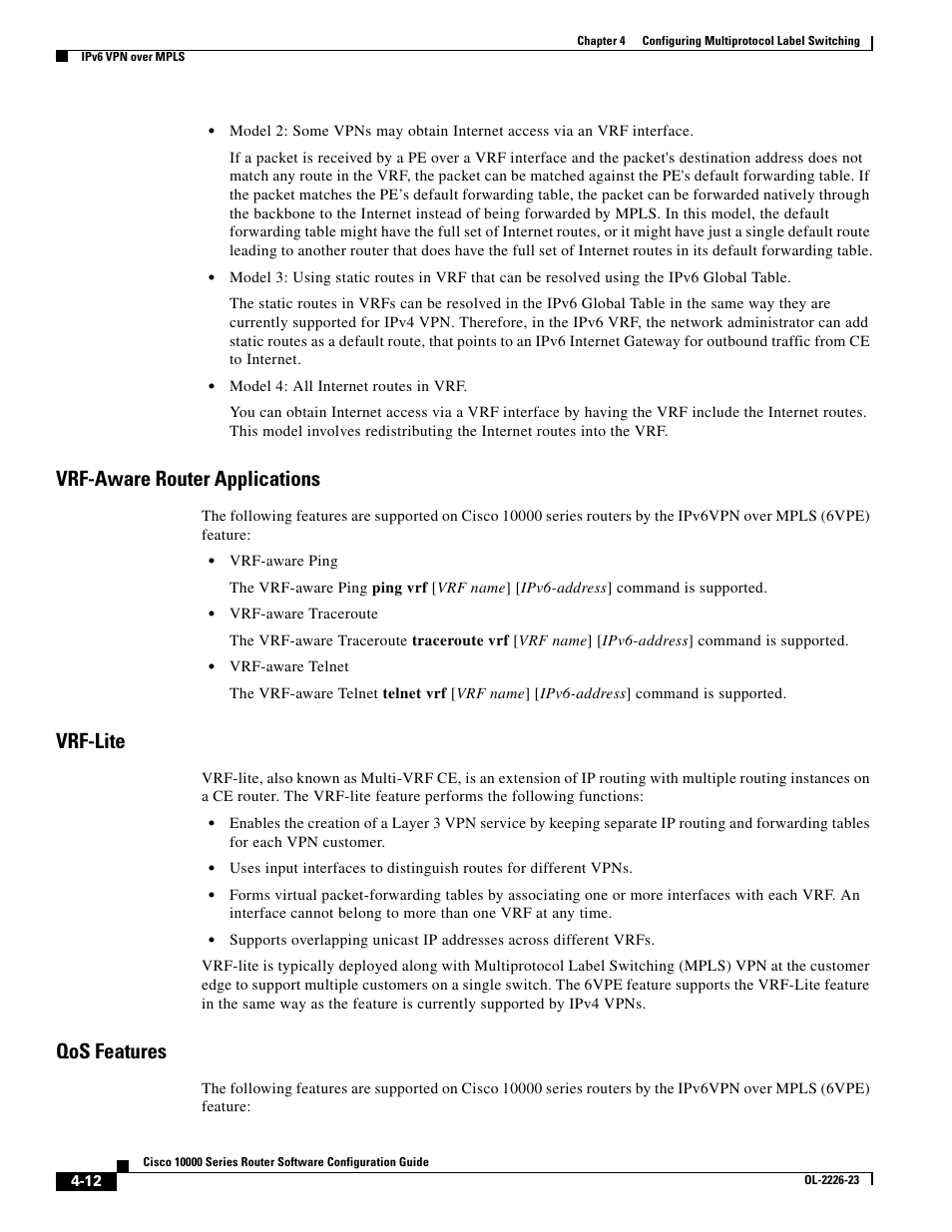 Vrf-aware router applications, Vrf-lite, Qos features | Cisco 10000 User Manual | Page 144 / 556