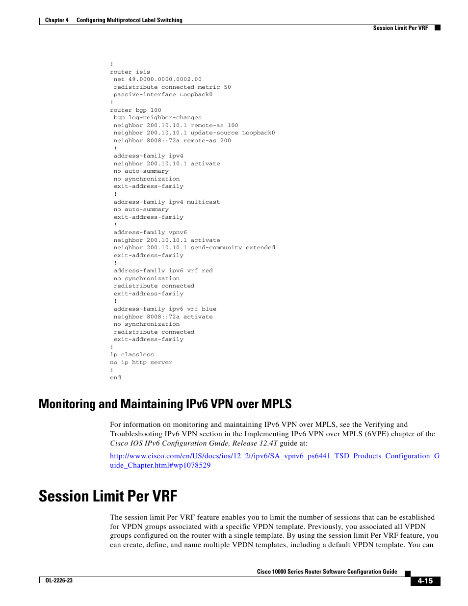 Monitoring and maintaining ipv6 vpn over mpls, Session limit per vrf | Cisco 10000 User Manual | Page 147 / 556