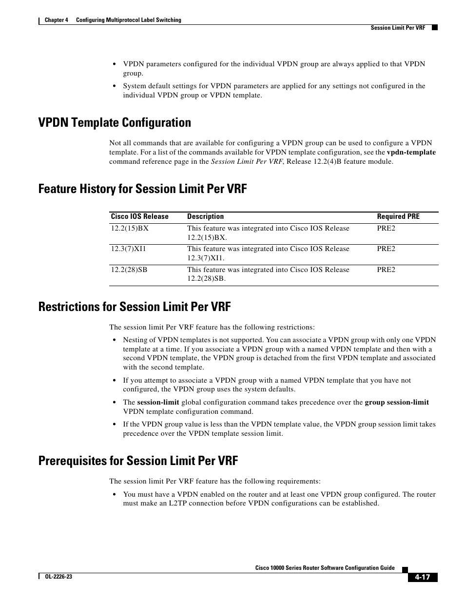 Vpdn template configuration, Feature history for session limit per vrf, Restrictions for session limit per vrf | Prerequisites for session limit per vrf | Cisco 10000 User Manual | Page 149 / 556