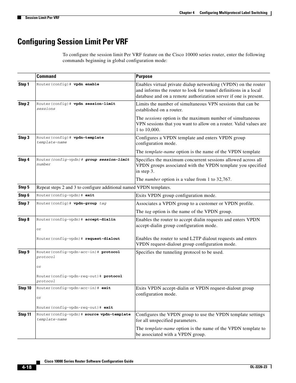 Configuring session limit per vrf | Cisco 10000 User Manual | Page 150 / 556