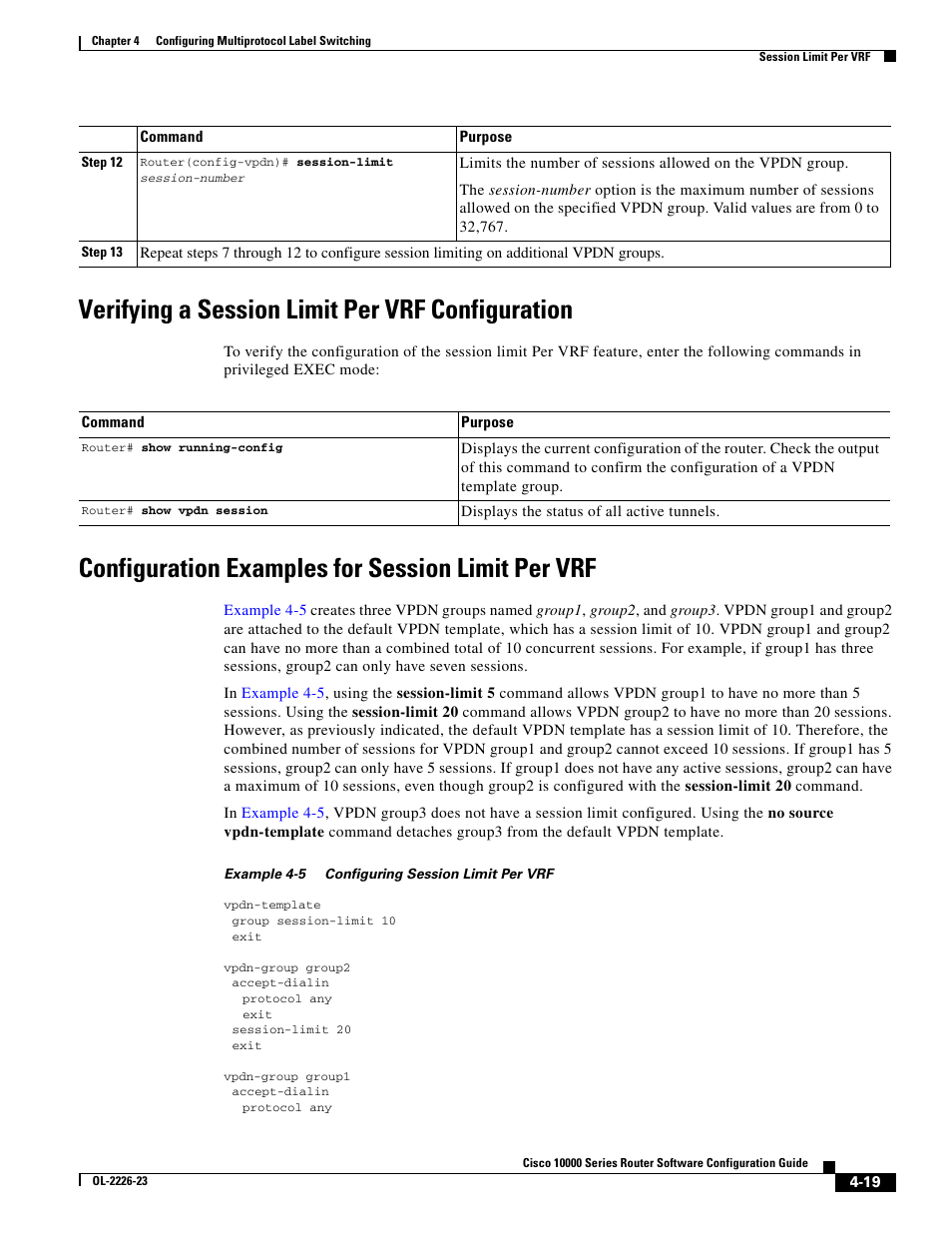 Verifying a session limit per vrf configuration, Configuration examples for session limit per vrf | Cisco 10000 User Manual | Page 151 / 556